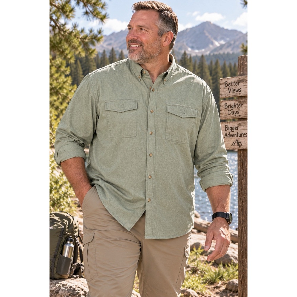 Roundtree & Yorke Men's 2XT Green Performance Outdoor Shirt Long Sleeve Tall
